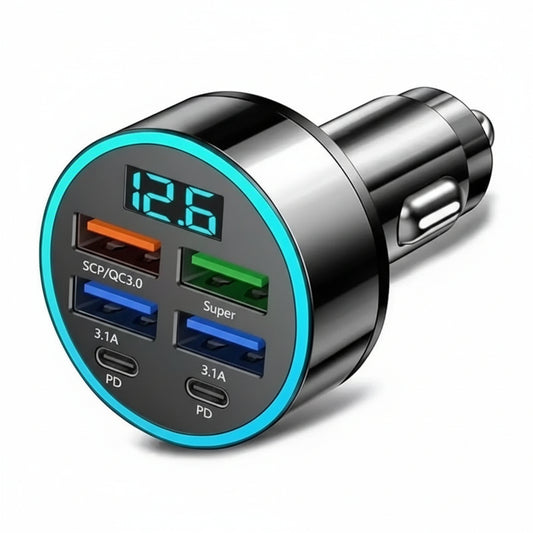 6-in-1 Car Charger: 2 Type-C & 4 USB Ports