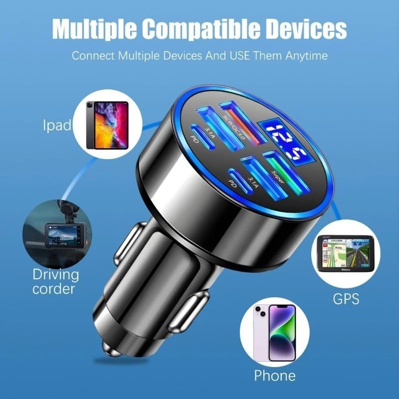 6-in-1 Car Charger: 2 Type-C & 4 USB Ports