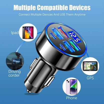 6-in-1 Car Charger: 2 Type-C & 4 USB Ports