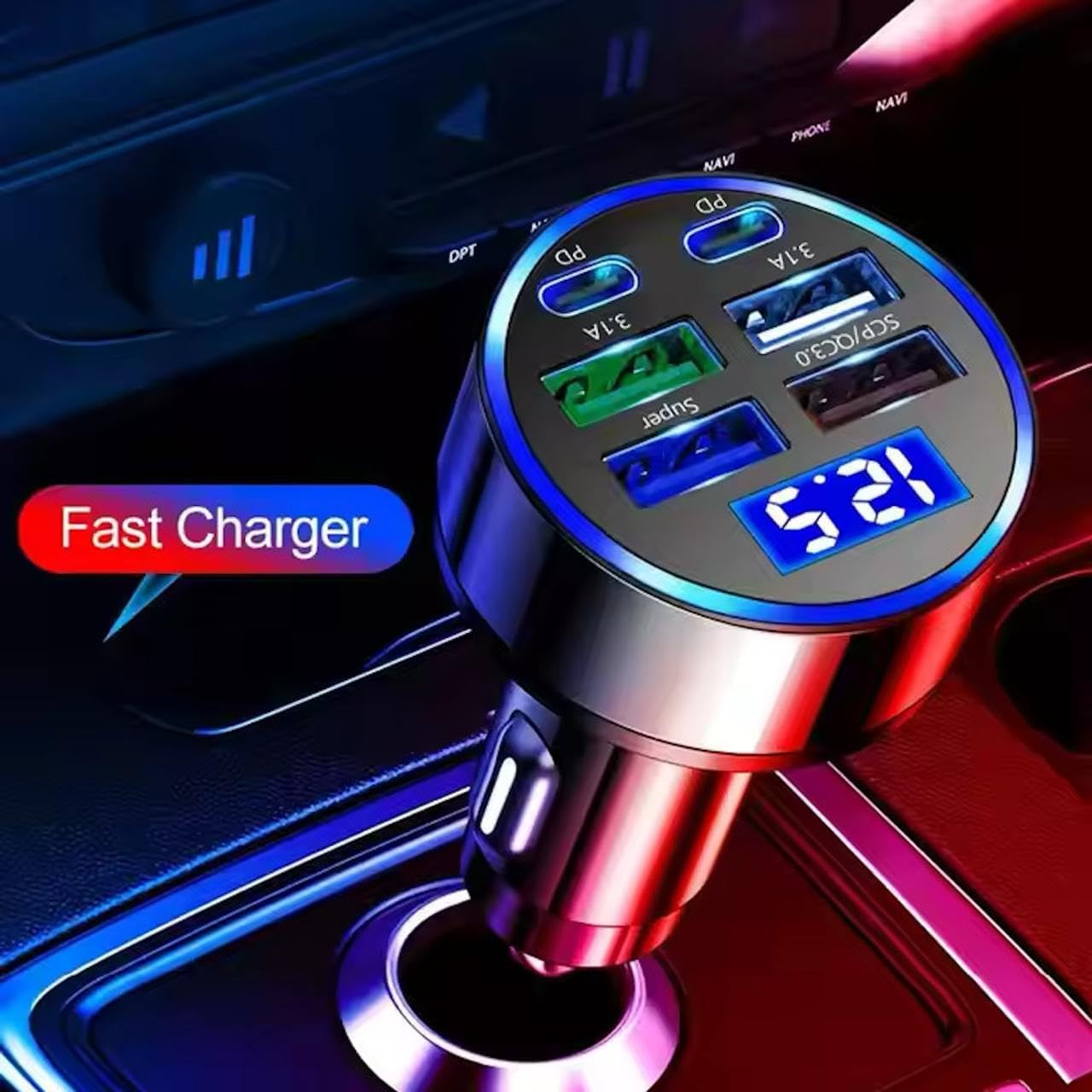 6-in-1 Car Charger: 2 Type-C & 4 USB Ports