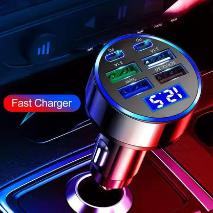 6-in-1 Car Charger: 2 Type-C & 4 USB Ports