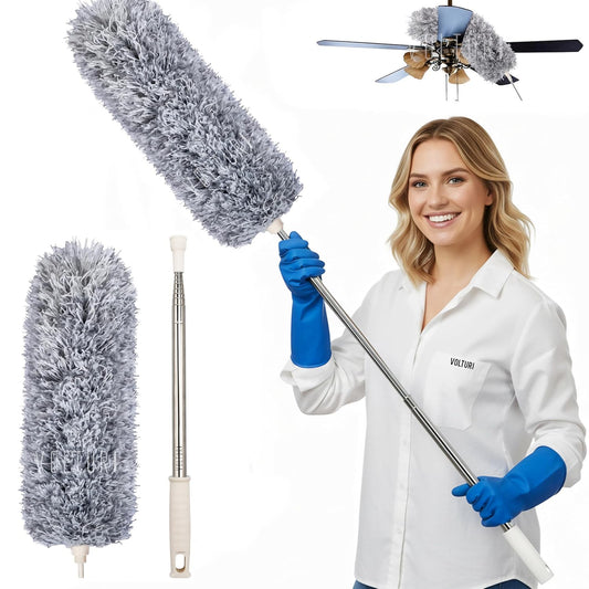 Microfiber Feather Duster Bendable & Extendable Fan Cleaning Duster with 100 inches Expandable Pole Handle Washable Duster for High Ceiling Fans, Window Blinds, Furniture